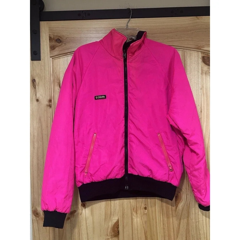 Vintage Columbia Men’s Reversible Jacket Neon Pink & Black 90s Retro Bomber L